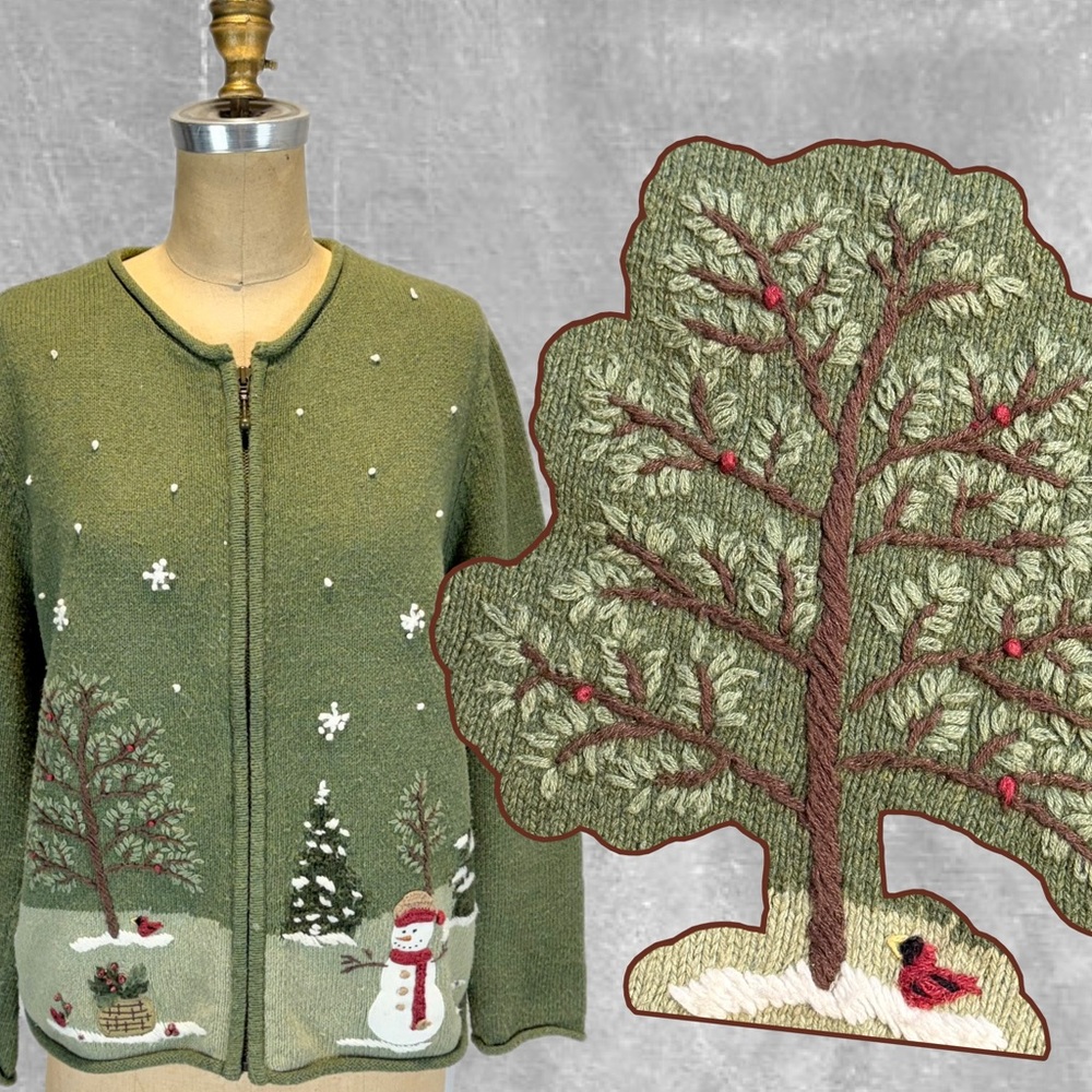 VINTAGE snow‎ tree earthy knit sweater cardigan snowman Cardinal bird zip front